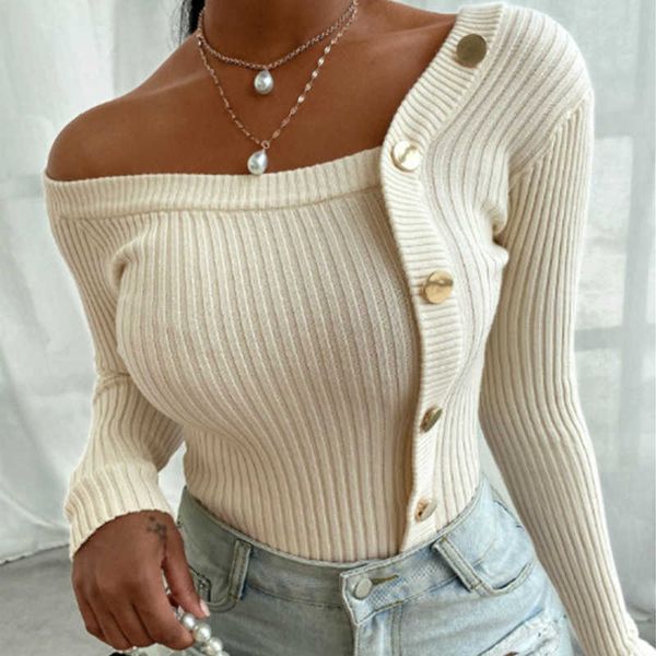 

women fashion elegant knitted long sleeve off shoulder casual slim buttons femme ladies solid sweaters fall spring p230331, Black