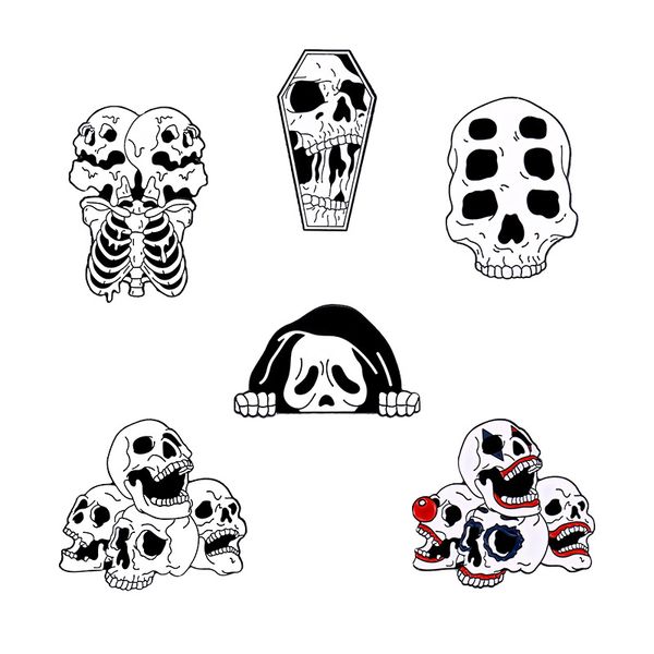

halloween skull brooch 6pcs/set hollow skeleton alloy pins enamel metal badge cartoon brooches jewelry, Gray