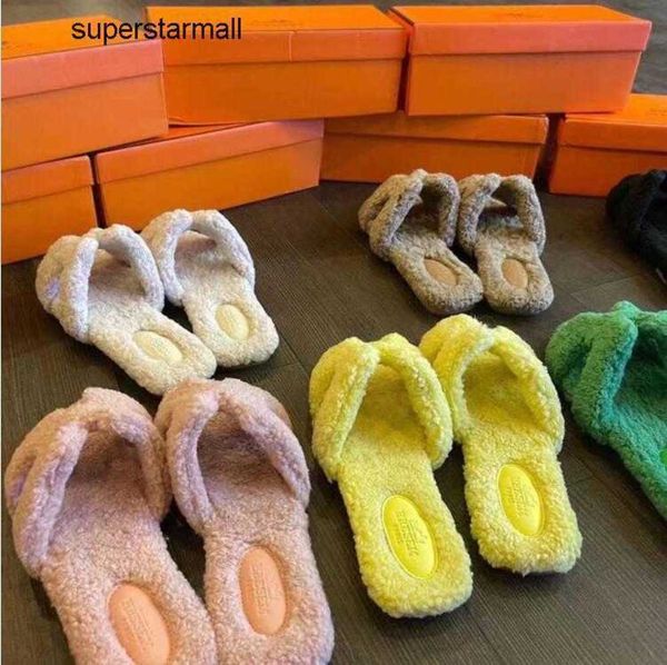 

designers women soft slippers woolskin sheepskin insole slides winter luxury plush fur oran sandals rubber sole flat slipper h656, Black