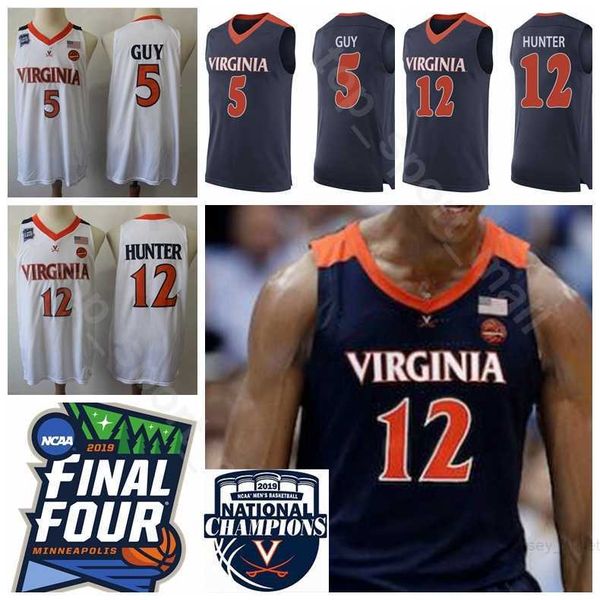 

ncaa 2019 final four champions college 12 de andre hunter jersey men virginia cavaliers 5 kyle guy navy blue white university uniform, Black