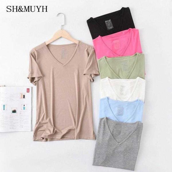 

cotton smooth texture v neck shirt solid color bottoming spring and summer, White