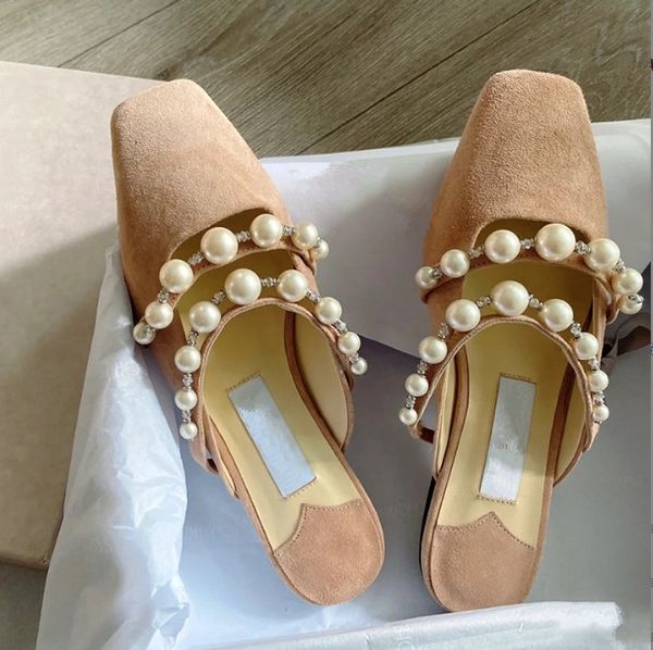 

Designer Pearls Muller shoes women mary jane shoes buckle women's shoe girls ladies Resort Beach flat ballet shoes Half Slippers 34-42, Khaki