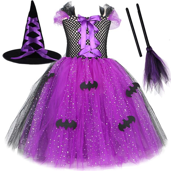 

cosplay sparkly witch halloween costumes for girls purple black bat long tutu dress for kids carnival cosplay outfit with broom hat 230331, Blue