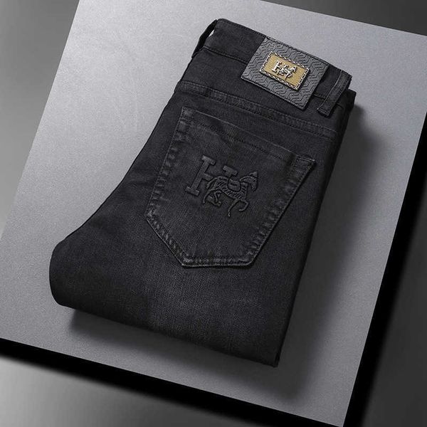 

high-end european h family jeans men's autumn and winter slim fit small straight stretch embossed black long pants, Blue