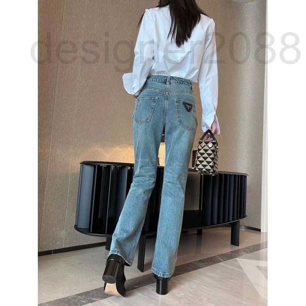 

women's jeans designer spring/summer new back pocket triangle straight washing fabric denim sweet versatile pants xecs, Blue