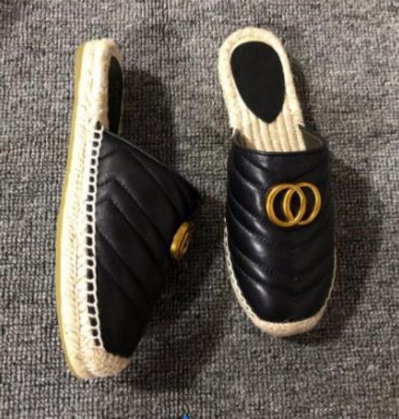 

half slippers designer summer platform casual sandals fashion golden letter metal buckle flat bottom ladies fisherman shoes leather hemp rop, Black