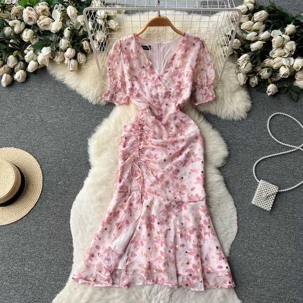 

french niche design floral dress new summer drawstring lace up ruffle fishtail skirt long skirt, Black;gray