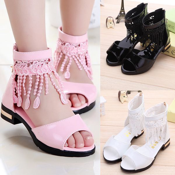 

sandals 3 5 9 10 12 years kids bow sandals children girls summer cute sandals beach princess fashion high heels tassel school shoes 230331, Black;red