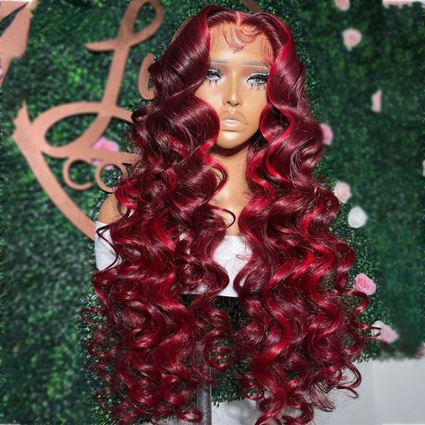 

Brazilian Highlight Loose Deep Wave Front Human Hair 99 Red 13x4 Frontal Pre Pluck HD Transparent Synthetic Lace Wig, Ombre color