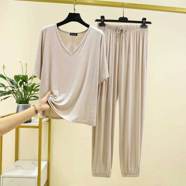 

modal pajamas womens spring and summer thin v neck short sleeved ankle tied