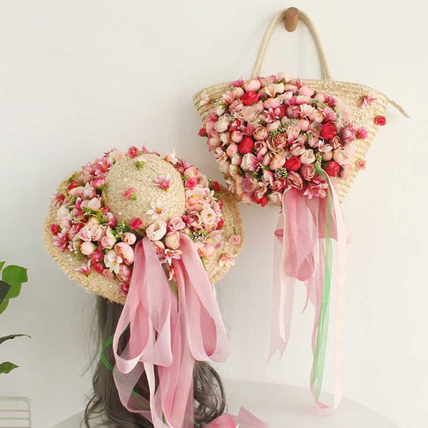 

fashion straw bag for women summer beach bag luxury handmade weave handbag ribbon bow flowers rattan bag with hat set 230401
