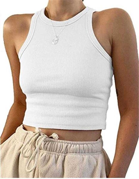 

womens round neck i camis shaped vest rib knitted solid color sleeveless midriff, White