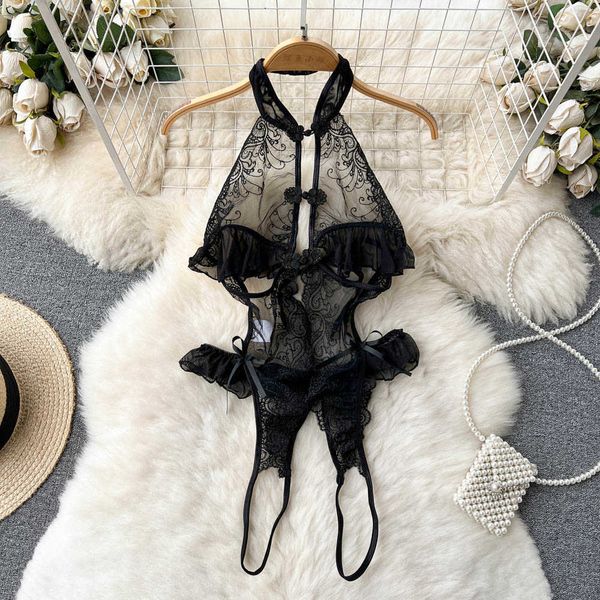 

nxy lace rompers women chinese style blackless slim playsuits cheongsam transparent sensual mesh bodysuits 230328, Black;white