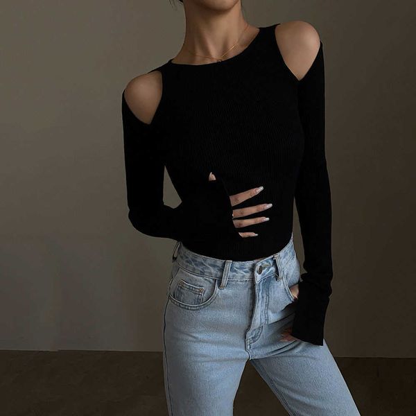

white off shoulder knitted sweater women's knitwear 2023 autumn new design hollow out slim bottoming shirt knitted p230331, Black