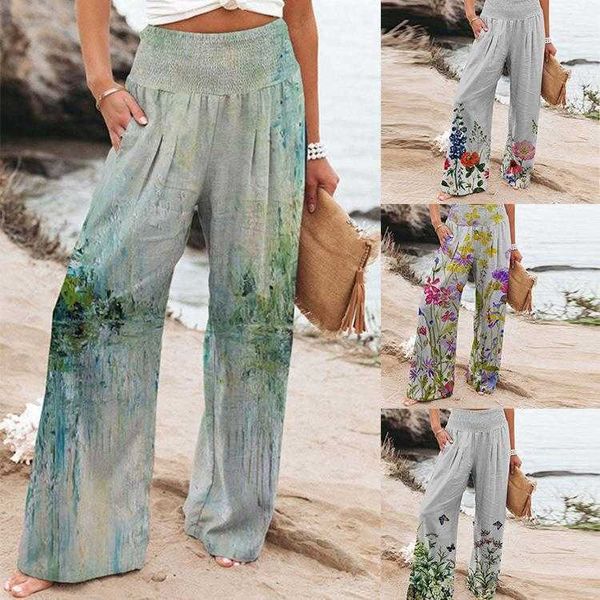 

womens wear elastic pants printing high waist pocket casual wide leg, Black;white