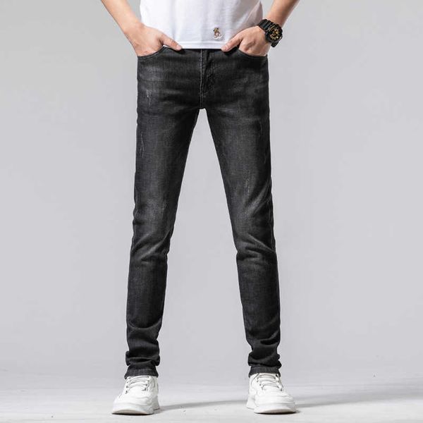 

black spring grey jeans men's fashion trend high end elastic slim fit feet casual versatile, Blue