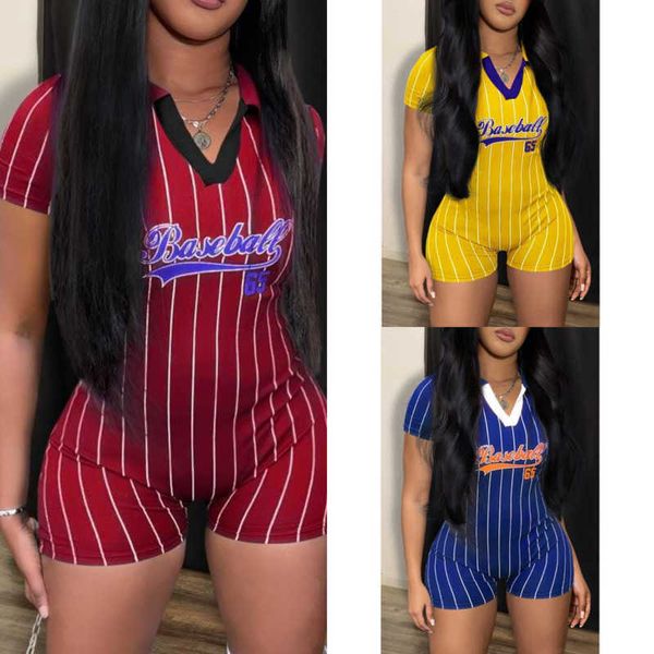

summer women clothes new baseball women slim jumpsuits sportswear letters printed v neck vertical stripe bodysuit, Black;white