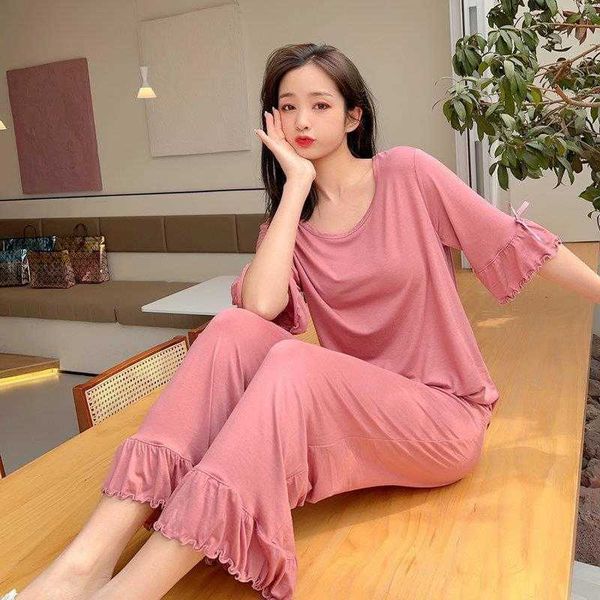 

modal wooden ear pajamas thin womens spring summer long sleeve home wear
