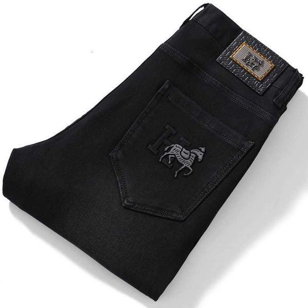 

premium european autumn black cotton stretch jeans men's feet korean fashion versatile white pants, Blue
