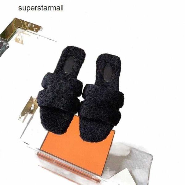 

designer soft sheepskin slides slippers women oran woolskin sandal with rubber sole fur winter flat plush flip flops, Black