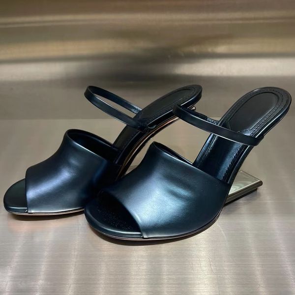 

new sculpted metallic heel sandal hollow heel slippers luxury classic fashion high heel open toe sandals women's designer dress shoes e, Black