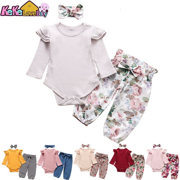 

clothing sets autumn baby girl clothes fashion toddler outfits long sleeve flower pants headband cute 3pcs born infant 230331, White