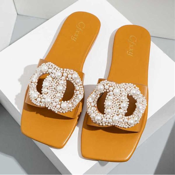 

designer slippers famous pattern one line casualslides fashion solid pearl sandals womens shoes, Black