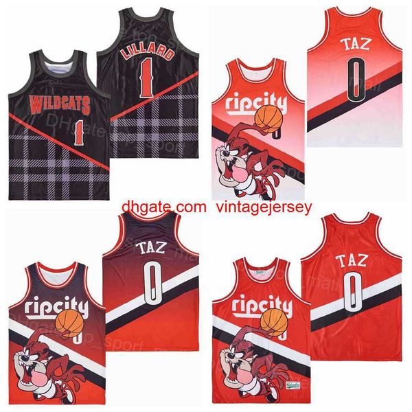 

men high school wildcats jersey 0 ripcity taz 1 damian lillard basketball red fade rip city uniform red black color all stitched breathable