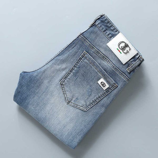 

double summer g fashion brand casual jeans men's embroidery slim fit straight leg pants live broadcast, Blue