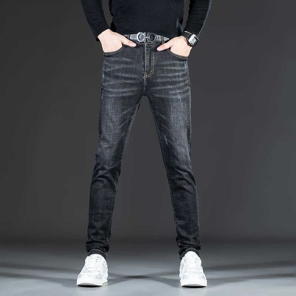 

and autumn winter men's jeans embroidery casual stretch small straight short brand black denim pants fashion, Blue