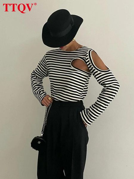 

women's t-shirt ttqv fashion black striped t shirt women autumn casual long sleeve hollow out t-shirt elegant slim o-neck female t-shir, White