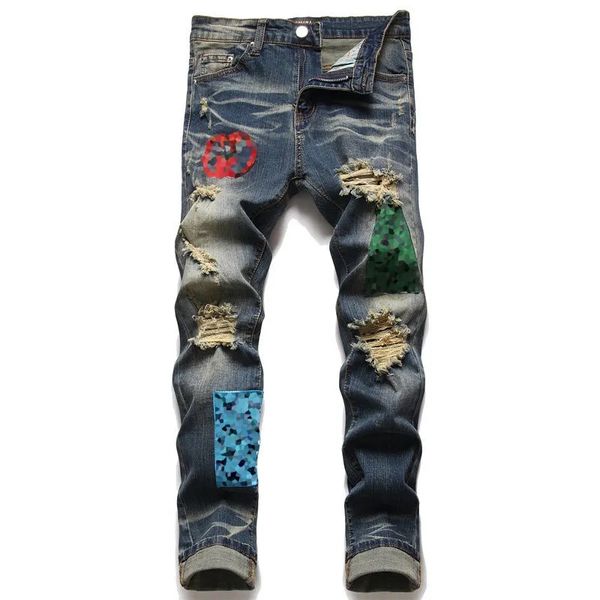 

mens jeans designer jeans men's high street purple jeans for mens embroidery pants womens ripped patch hole denim straight fashion931, Blue