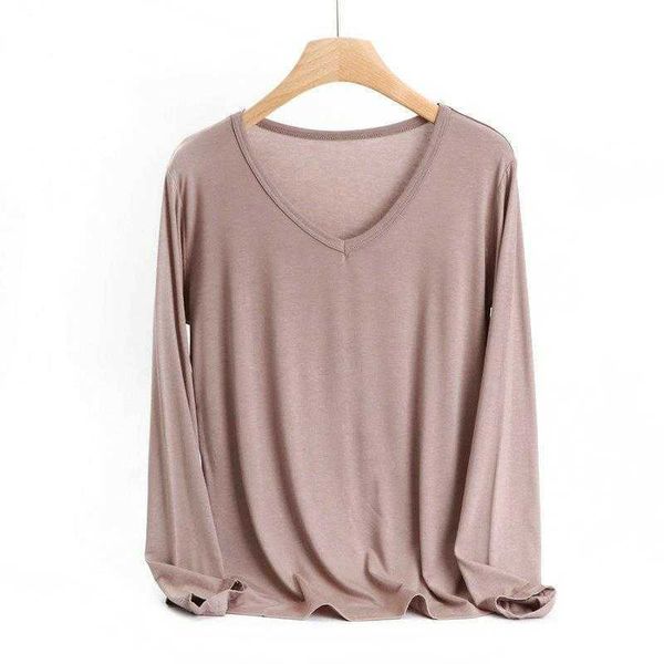 

plus sized size modal v neck bottoming shirt womens spring and autumn thin solid, White