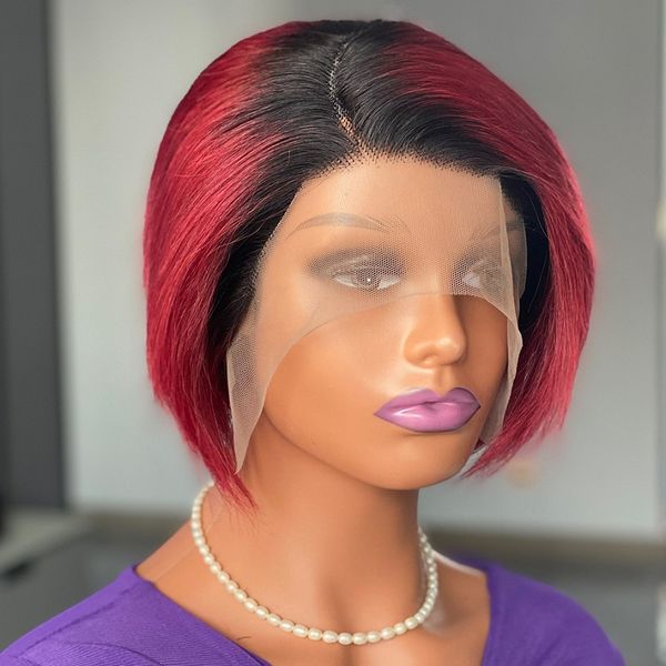 

8 inch ombre 99j short layered pixie cut lace wig human hair, Black;brown