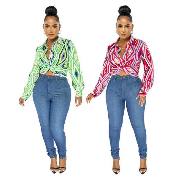 

womens fashion geometry pattern printed twist button shirt top, White