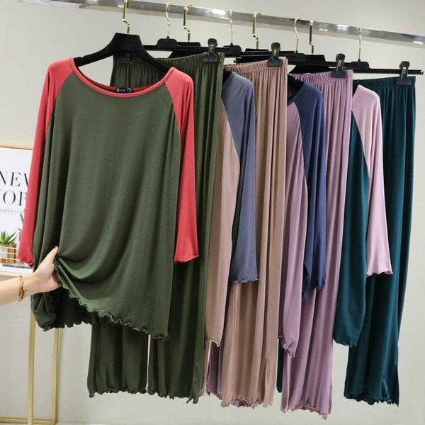 

spring summer cropped sleeves contrast color home two piece pajamas female modal