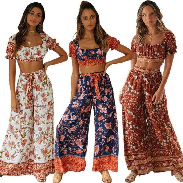 

women bohemian vacation style pant printing suit cropped high waist trousers, White