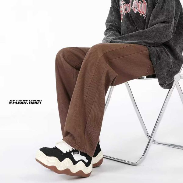 

american high street coffee casual jeans men's spring and autumn 2023 ins new loose waist wide leg, Blue