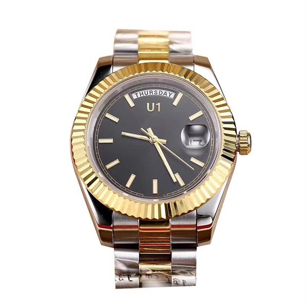 

st9 steel watch two tone day date 40mm black dial big automatic mechanical movement sapphire glass president mens wristwatches191b, Slivery;brown