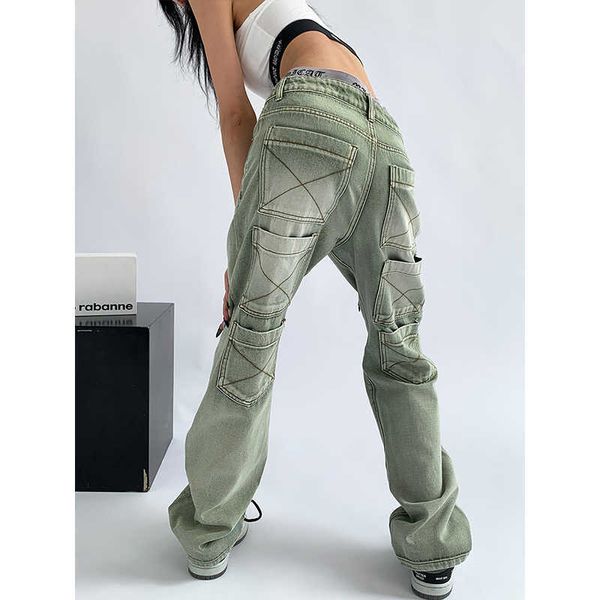 

women's green jeans vintage washed multiple pockets wide leg pants casual street high waist baggy denim trouser ladies summer, Blue