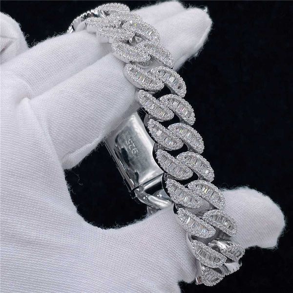 

custom jewelry 15mm width s925 vvs moissanite diamond gold plated ankle cuban bracelet baguette, Silver