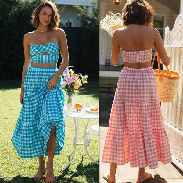 

womens summer selling products dress bandeau large swing plaid long suit, White