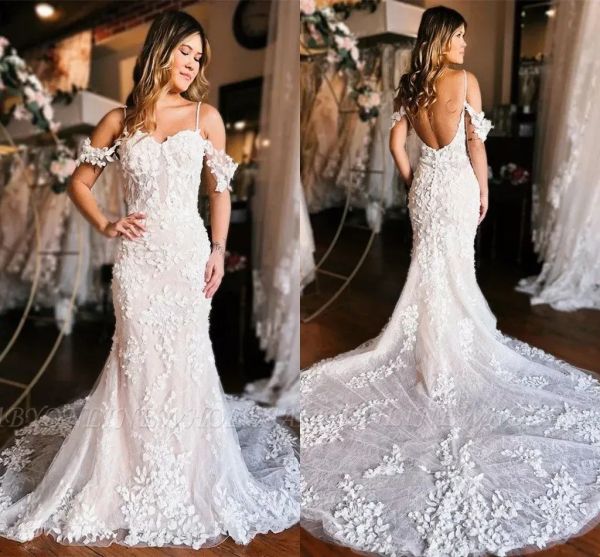 

2023 mermaid wedding dresses bridal gown lace applique off the shoulder spaghetti straps sweep train custom made country plus size vestido d, White