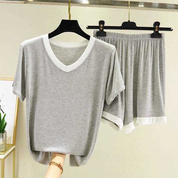 

contrast color white edge v neck modal short sleeved shorts loose pajamas suit