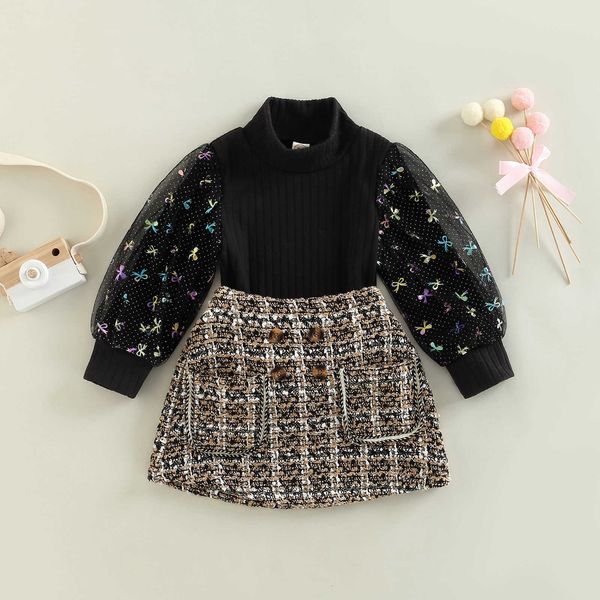 

citgeett autumn kids toddler girls 2pcs outfit sets black long sleeve mesh patchwork with button a-line skirt clothes p230331, White