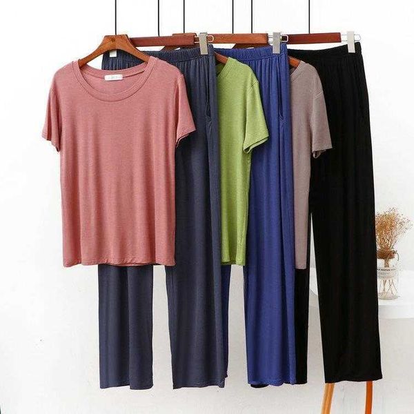 

spring summer short sleeves pocket trousers two piece casual thin modal pajamas