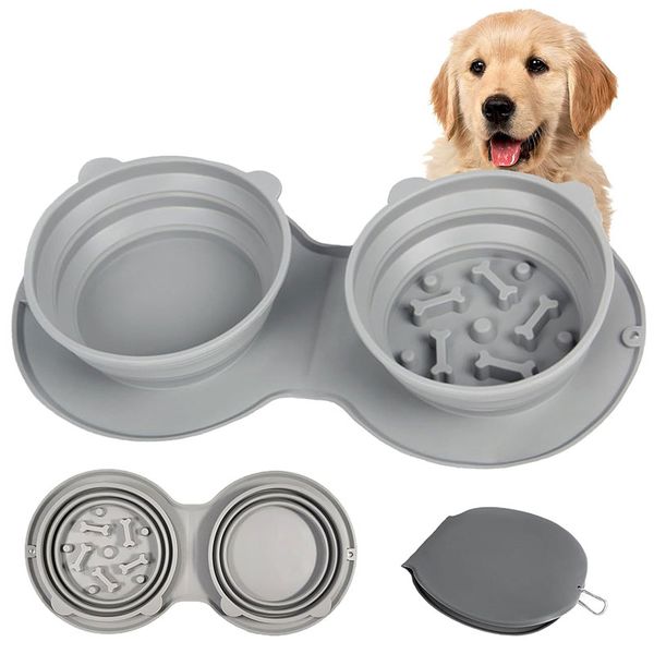 

Collapsible Dog Bowls, Portable Silicone Twins Dog Bowl for Slow Feeding, Foldable Adjustable Pet Food and Water Feeder Bowl Non Spill for Walking, Hiking, Camping