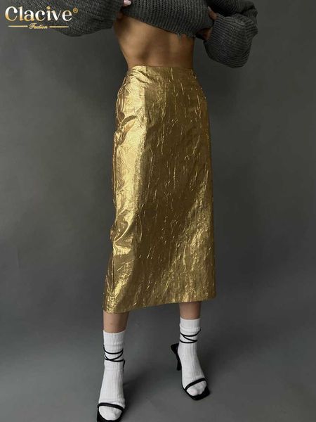 

clacive fashion slim gold women's skirt elegant chic high waist midi skirts streetwear vintage faldas skirt female clothing 2023, Black