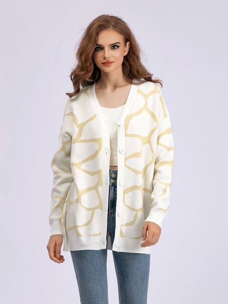 

23kjds bwj ytEurope and the United States new women' cross-border autumn and winter jacquard sweater v-neck long line pattern of loose jacket, Ivory