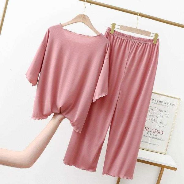 

wooden ear ice silk cropped wide leg pants short sleeve large size casual suit